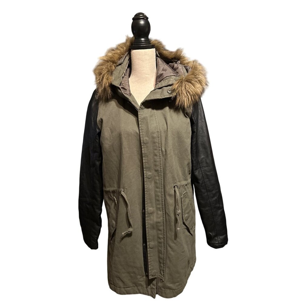 Tobi Green Coat Fur Hooded Parka Faux Leather Sleeves Quilted Lining Size Large